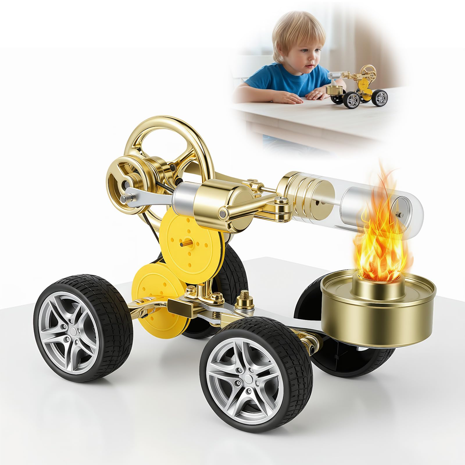 Hot Air Stirling Engine Car Model, Single Cylinder Steam Engine Model Building Kits with Car Movement, Steam Heat Power Generator Science Education Kit for Kids Birthday Christmas New Year Gift