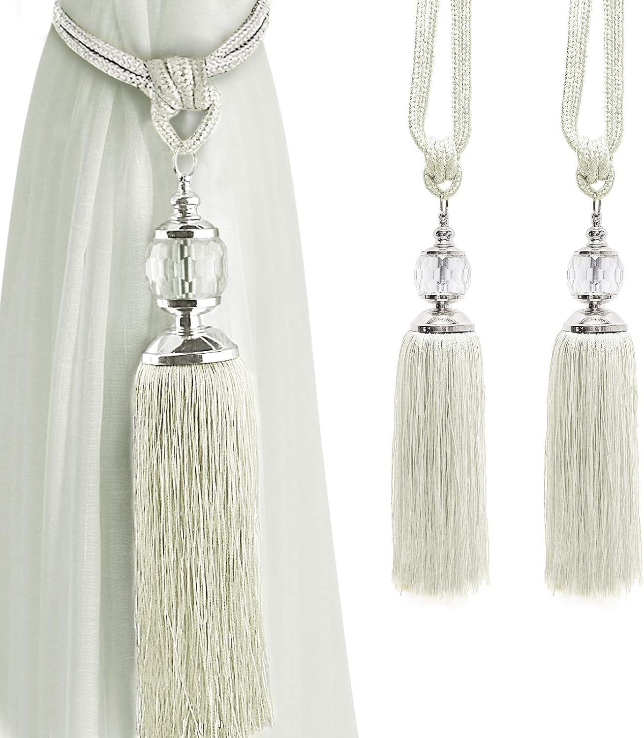 KOLAKO Curtain Tiebacks Crystal Curtain Holdbacks Hooks Handmade Curtain Tieback Rope Tassel Bead Ball Curtain Tie Backs Holder Home Decoration 2 Pack Beige White