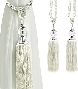 KOLAKO Curtain Tiebacks Crystal Curtain Holdbacks Hooks Handmade Curtain Tieback Rope Tassel Bead Ball Curtain Tie Backs Holder Home Decoration 2 Pack Beige White