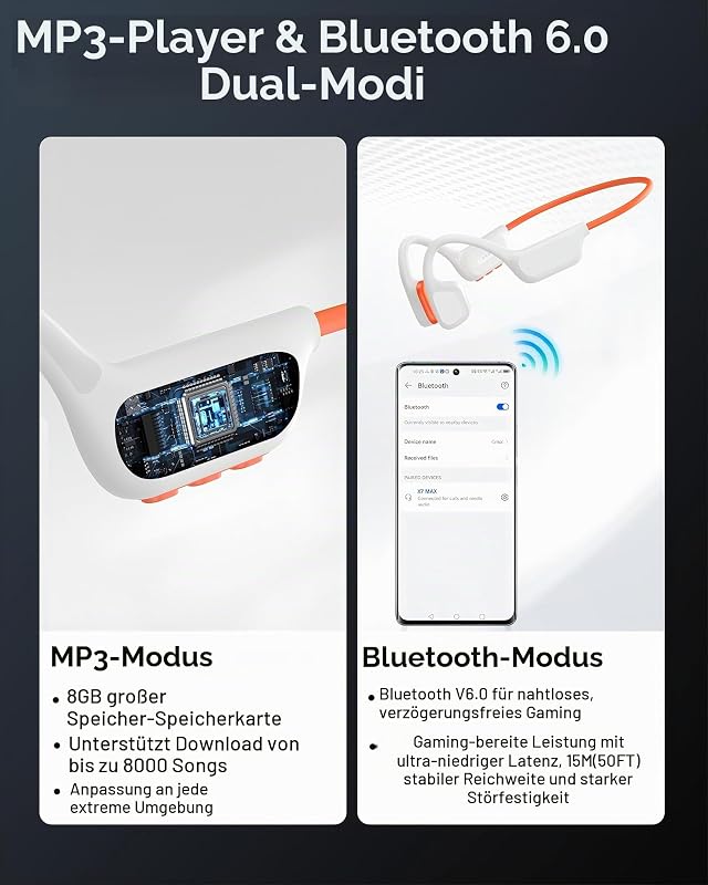Knochenschall Kopfhörer Schwimmen, IPX8, 8 GB MP3, Bluetooth 6.0