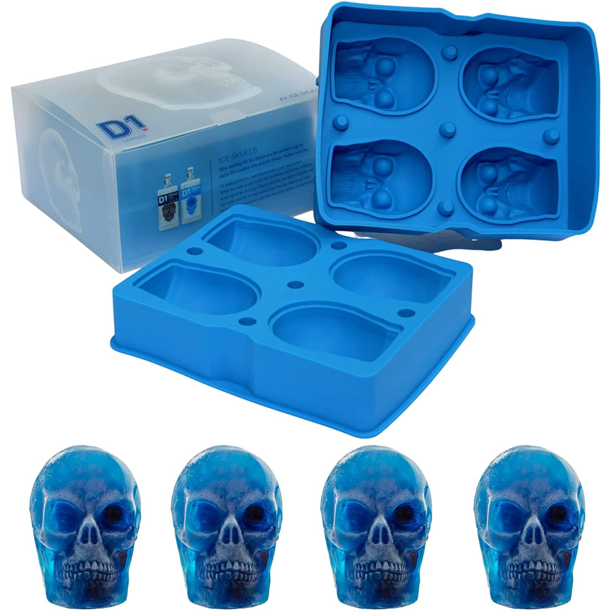 D1 Skull Ice Cube Moulds | Halloween Silicone Moulds - 4 Pack Blue - Large 3D | Perfect Halloween Drink Accessories | Silicone Skull Moulds as Halloween Gifts for Women & Men