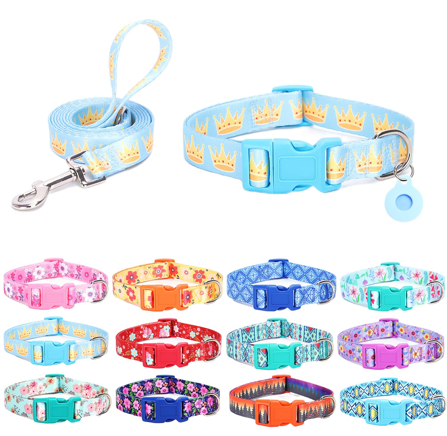 SLZZ Dog Collar with lead Airtag Holder Case Set - Dog Collars for Male Female Boy Girl Puppy X-small Small Medium Large Dogs Walking Running Training - King Crown/L