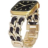 LOFOV Compatible With Apple Watch Band for Woman 38mm 40mm 41mm, Metal Strap Leather Over Gold Chain Cowboy Style Replacement iWatch Series 9 8 7 6 5 4 3 2 1 SE (Gold Link with Black Leather)