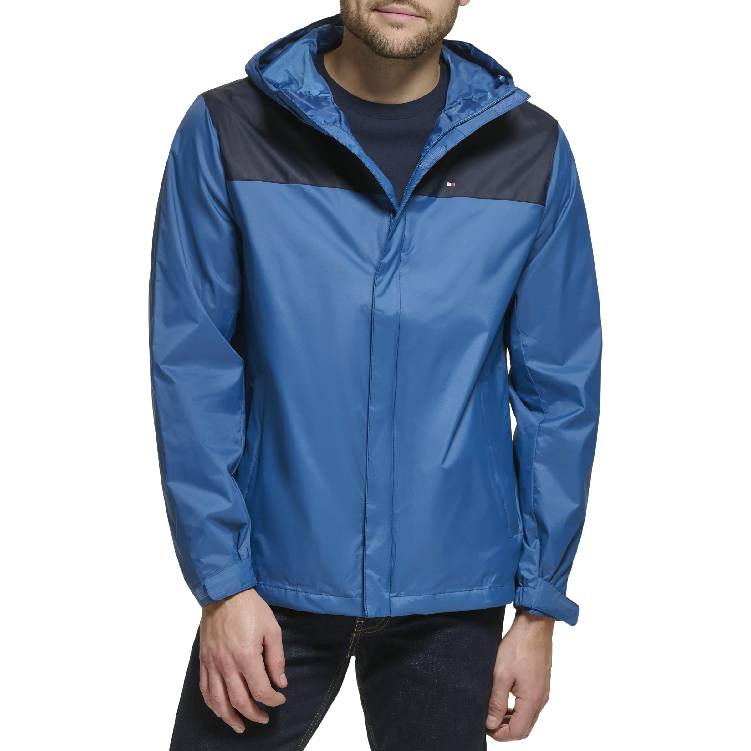 Tommy Hilfiger Men's Lightweight Breathable Waterproof Hooded Jacket, Navy/Blue Color Block, Medium Image