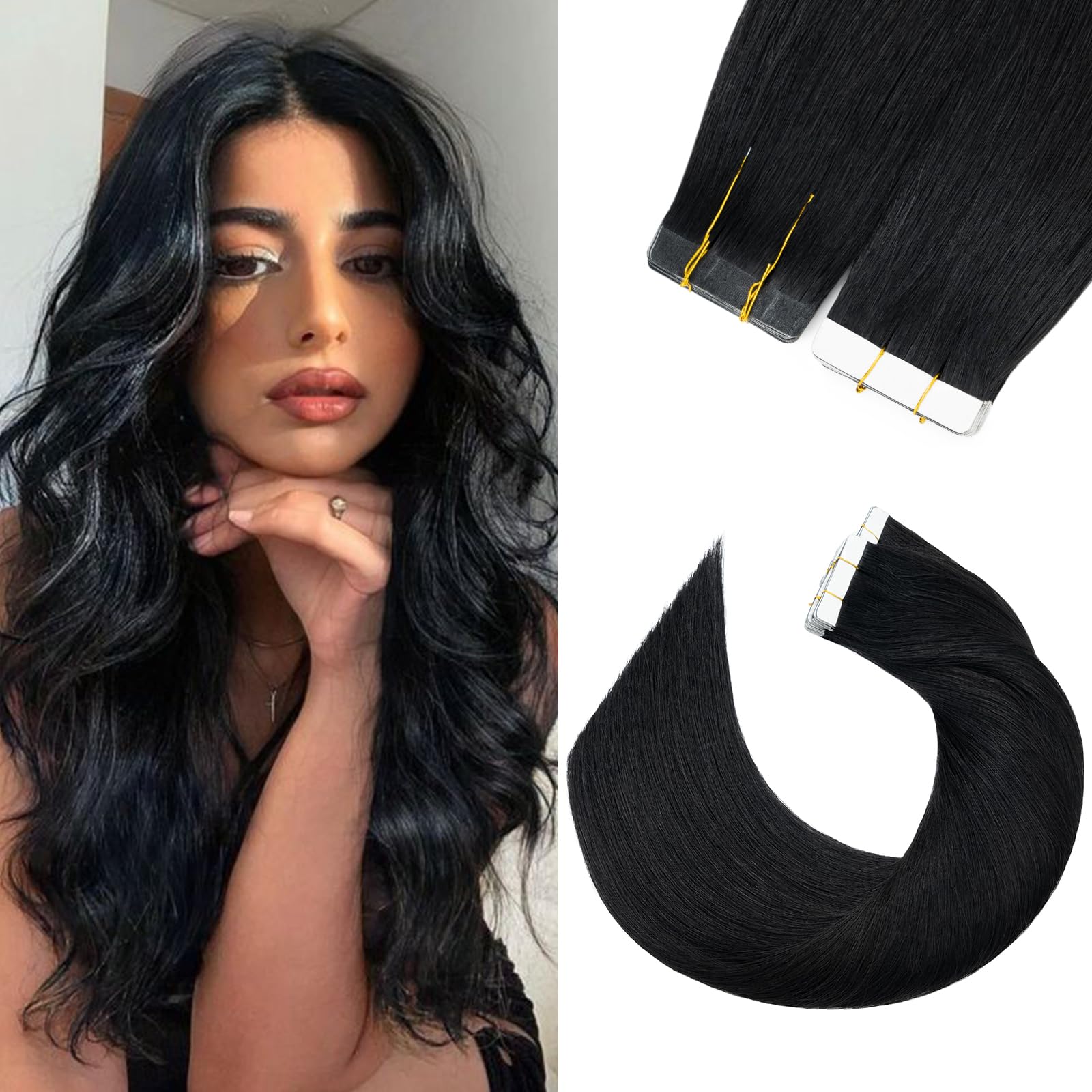 20 Pcs 100% Real Remy Human Hair Extensions Tape in Skin Weft Hair Extension 16" #01 Jet Black Straight 30g/Set