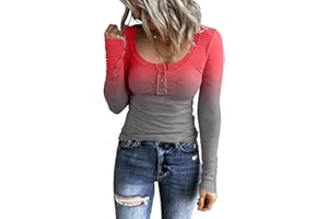WUAI-Women Color Block Waffle Knit Henley Shirts Long Sleeve V-Neck Casual Slim Fit Thermal Button Up Tunics Tops