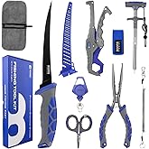 Booms Fishing Tool Combo Saltwater: 9pcs Fishing Gear and Equiment - 7"Fillet Knife, Needle Nose Pliers, Fish Gripper, Dehooker, Scissors, Retractor, Rod Strap and lanyard - Fishing Gift for Men, XT03