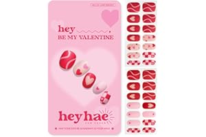 Heyhae Semi Cured Gel Nail Strips | Sun Cured No LED Lamp Needed Easy Apply & Remove | Includes 28 strips, 1 Prep Pad, 1 Nail File & 1 Wooden Stick - Hey, Be My Valentine