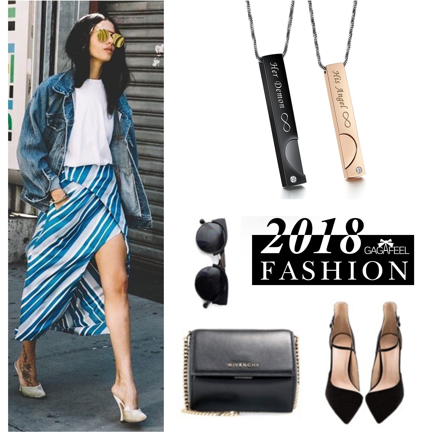 Gagafeel His Angel Her Demon Couple Distance Relationship Bar Necklace Heart Matching Set Stainless Steel Pendant Snake Chain (His Angel Her Demon)