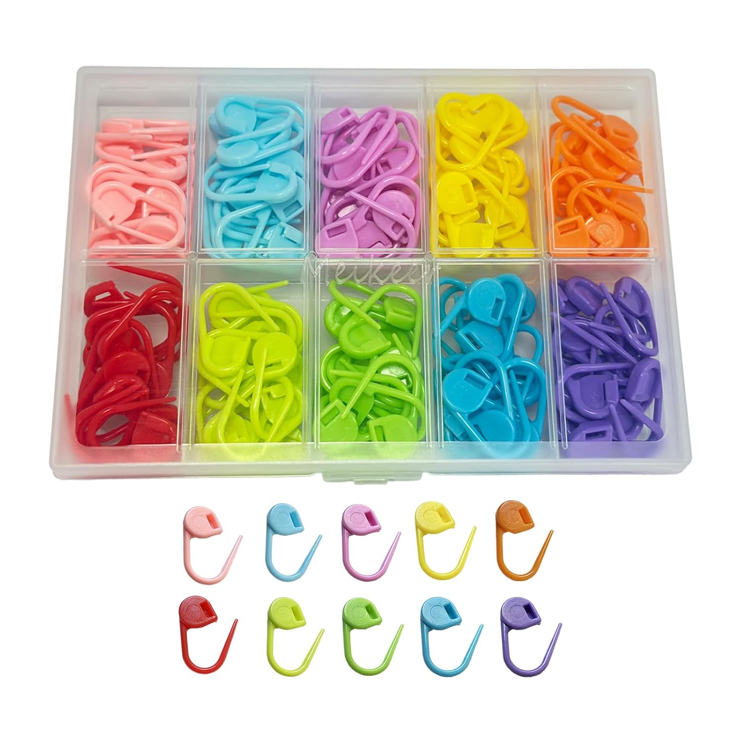 Meikeer 150PCS Locking Stitch Markers with Storage Box, 10 Colors | Smooth Snag-Free Plastic Locking Clips for Knitting, Croc
