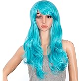 SWACC 26-Inch Long Curly Wave Cosplay Synthetic Wig Colored Hair Piece for Women with Wig Cap (Teal Blue)