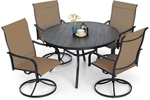 Virvla 5-Piece Outdoor Patio Dining Set, 4 Swivel Rocking Patio Chairs & 1 Large Round Dining Table for for Backyard Front Porch Pool Deck Outdoor Furniture Set - Brown