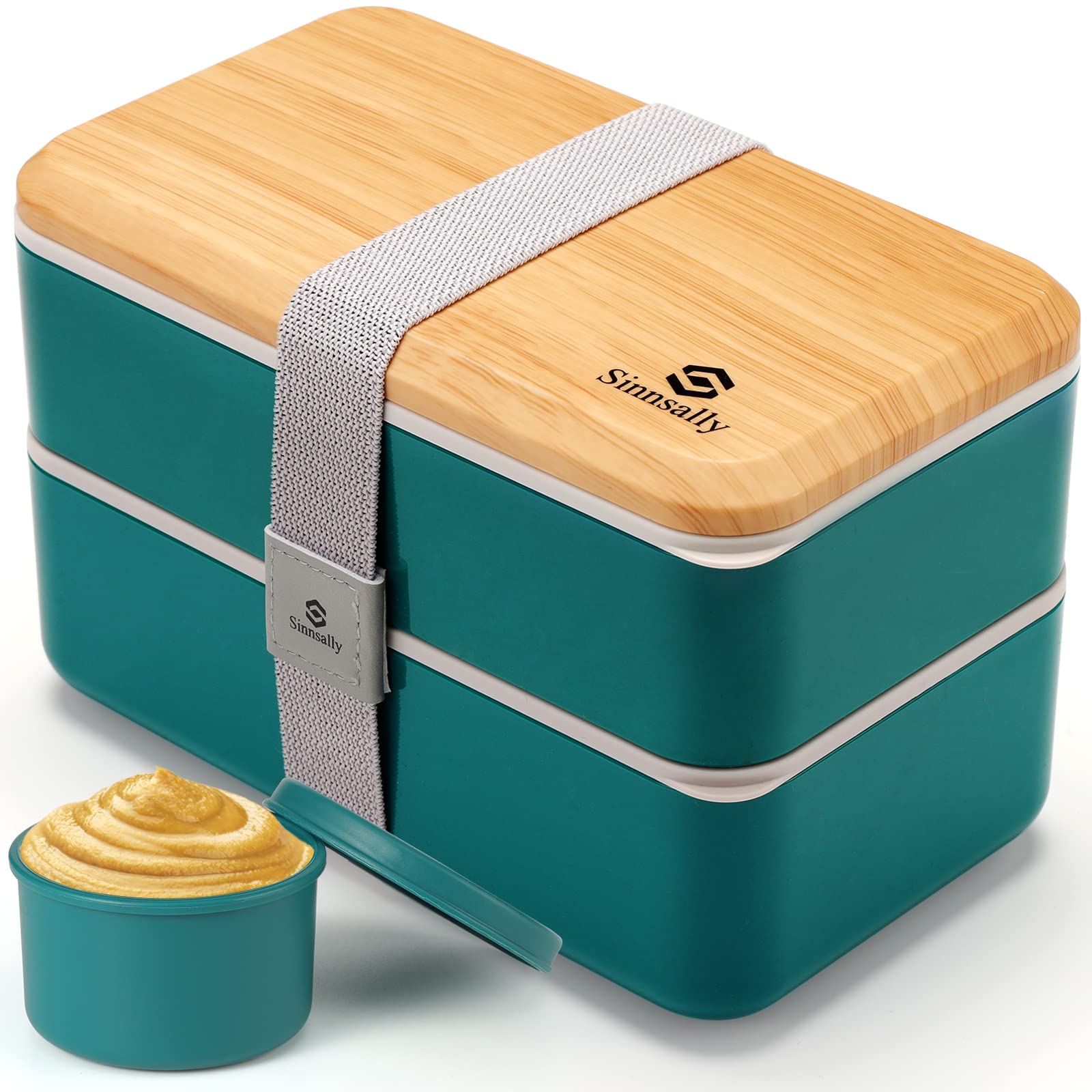 Sinnsally 1400ML Bento Box Lunch Boxes, Stackable Bento Lunch Box for Adults,Leak-Proof Lunch Container with Compartments,Japanese Style Lunchbox with Sauce Pot Cutlery Set (Nordic Green)