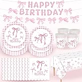 NICDIY Pink Bow Plates and Napkins Girls Birthday Party Decor, Coquette Birthday Party Bow Paper Plates Including Paper Plate and Napkins Cups Tablecloth for Girl, Serve 24