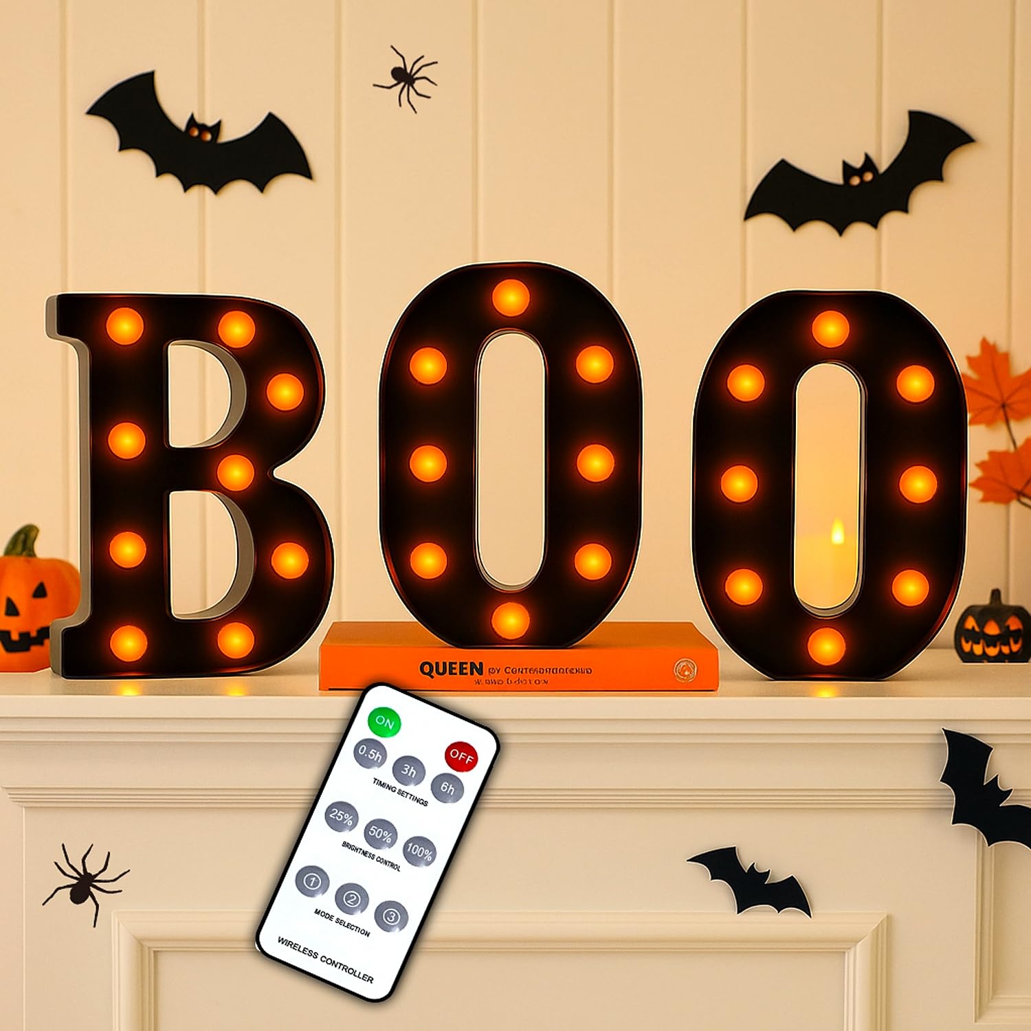 Photo 1 of Halloween Decorations – Boo Light Up Letters with Remote | Timer, Dimmable, 3 Light Modes | Marquee Sign for Indoor Halloween Decor, Fireplace Mantel, Tabletop, Bedroom, Wall or Holiday Display