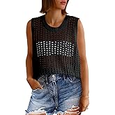 Fisoew Womens Summer Crochet Tank Tops Sleeveless Scoop Neck Loose Knit Sweater Vest Boho Hollow Out Beach Cover Ups