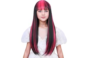 WAVELNM Kids Black and Pink Wig with Bangs Child Black Wigs with Pink Highlight Long Straight Wigs for Kids Girls Daily Halloween Cosplay Wig