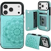 MMHUO for iPhone 17 Pro Case with Card Holder,Flower Magnetic Buttons Protective Wallet Case for Women for iPhone 17 Pro (6.3 Inch),Mint