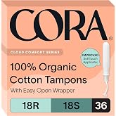 Cora Organic Cotton Tampons Multipack (18 Regular, 18 Super Tampons) | Comfortable Leak Protection, Expands to Your Shape, Made Without Chlorine, Pesticides, or Rayon, Organic Cotton Feminine Care