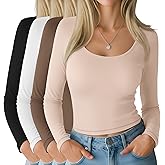 Oakgarden 4 Pack Women's Long Sleeve Crop Tops, Tight Going Out Tees Scoop Neck Solid Slim Shirts Fall Basic Y2k Tees