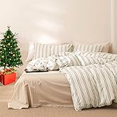 VM VOUGEMARKET Striped Duvet Cover Set Queen Beige 100% Washed Cotton Bedding Set,Grey Vertical Ticking Stripes Pattern Comforter Cover with Zipper Closure (3pcs, Queen Size)