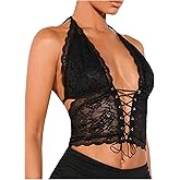 SOLY HUX Women's Sexy Lace Sheer Corset Top Halter Neck Tie Up Backless Crop Tops Party Rave Outfits