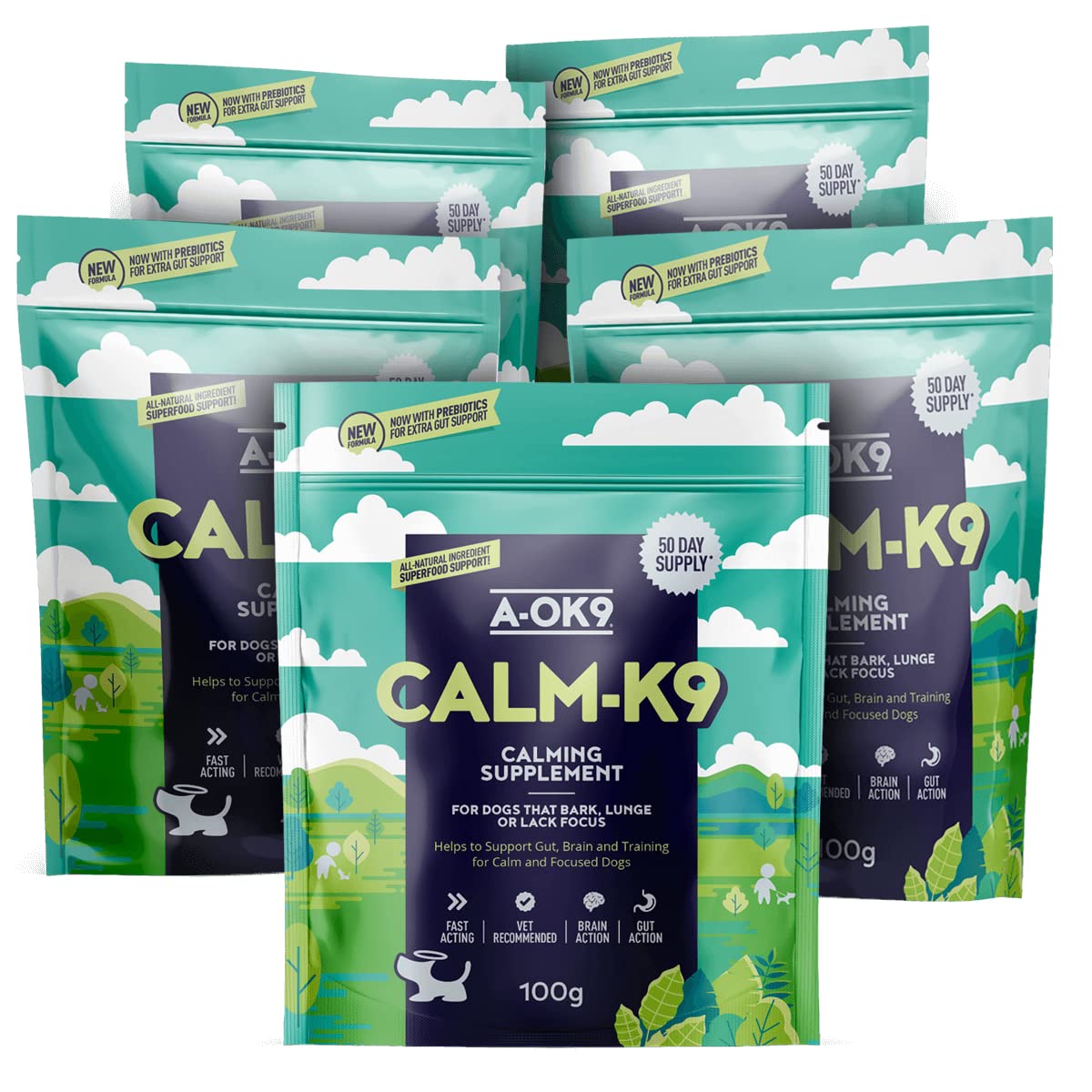 A-OK9 Calm-K9 | 5x100g Multipack | Calming Supplement for Dogs | Helps with Anxiety Relief, Fireworks, Stress & Barking | Natural Ingredients & Superfoods | Mix with Dog or Puppy Food | Absolute Dogs