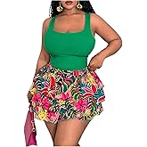 SOLY HUX Women's Plus Size 2 Piece Summer Vacation Outfits Floral Print Tank Tops and Ruffle Layered Shorts Set