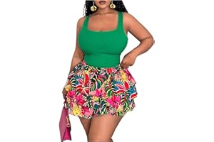 SOLY HUX Women's Plus Size 2 Piece Summer Vacation Outfits Floral Print Tank Tops and Ruffle Layered Shorts Set