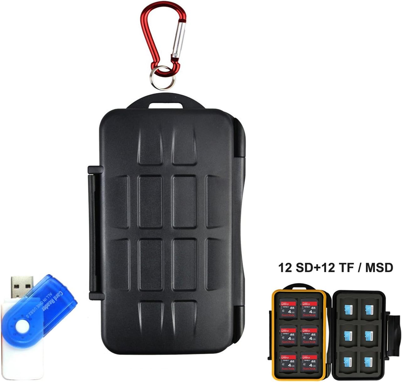 LXH Memory Card Case Holder SD SDHC SDXC CF MSD TF Micro SD Card Durable Waterproof Storage Computer Camera Card Cartridge With Carabiner & Card Reader For 12 SD & 12 TF/Micro SD - Image 5