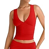 YFANG Women's Summer Deep V-Neck Ruched Crop Tank Top Sexy Sleeveless Double Lined Crop Top