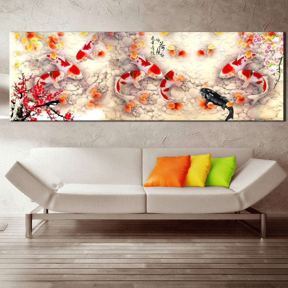 Wall Art Picture HD Print Chinese Abstract Nine Koi Fish Landscape Oil Painting on Canvas Poster for Living Room Modern Decor 40 * 120cm No Frame