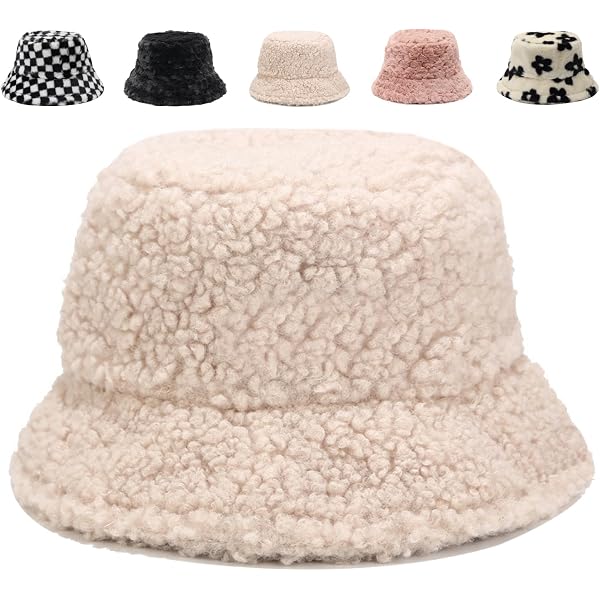 Women\'s Faux Fur Bucket Hat Compact Warm Short Plush Fisherman Cap Amazon.com: Women Faux Fur Bucket Hat Cute Bear Fisherman  main image 3