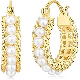Pearl Hoop Earrings for Women, 18K Gold Plated Small Gold Hoop Earrings, Trendy Hypoallergenic Pearl Huggie Hoops Stud