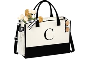 QLOVEA Initial Canvas Tote Bag - Reusable Grocery Bags, Birthday Gifts Basket for Bridemaids Friends Teachers