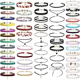 K&Q 60 PCS Choker Necklace, Classic Stretch Colorful Gothic Collar Tattoo Necklace AndBlack Layered Cute Lace Velvet Choker Necklace Set for teenagers and Women