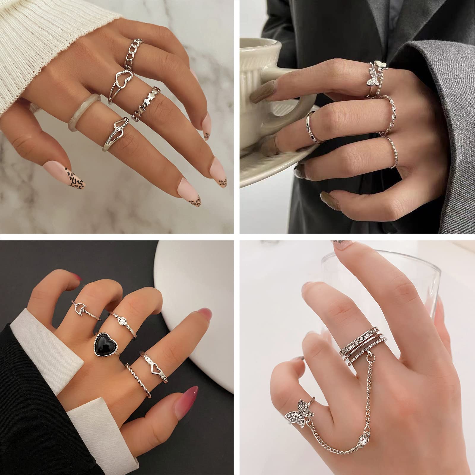IFKM 36 PC Silver Plated Jewelry Set With 3 Necklace, 12 Bracelet, 7 Ear Cuffs Earring, 14 Knuckle Rings For Women Girls Valentine Anniversary Birthday Friendship Gift