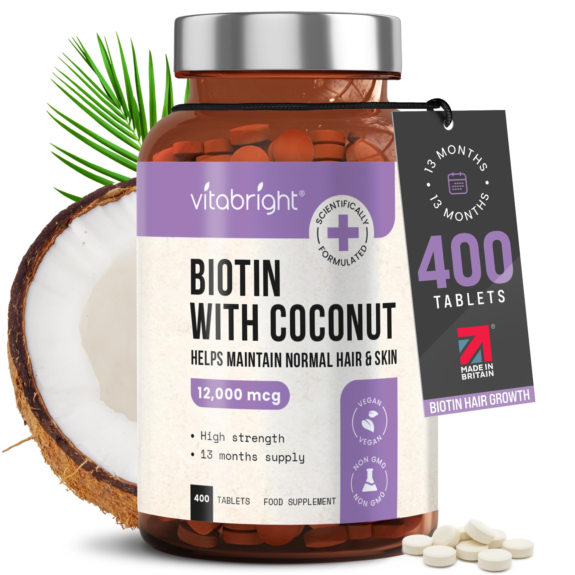 VitaBright Biotin Hair Growth Vitamins | 12000mcg | 400 D-Biotin Tablets with Coconut | Vegan Hair Vitamins for Women and Men | High Strength | Vitamin B7