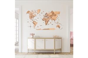 ENJOY THE WOOD 3D Wood World Map Wall Art Large Wood Wall Décor Housewarming Gift Idea Wood Wall Art World Travel Map For Home & Kitchen or Office (X-Large, Light)