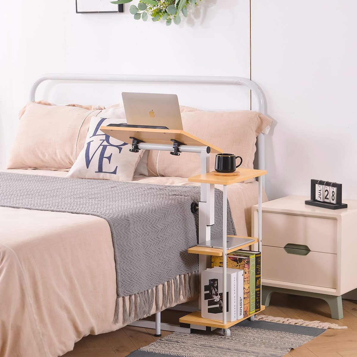 Natwind Overbed Laptop Table with Lockable Wheels Portable Rolling Movable Table Adjustable Angle & Height Laptop Stand Cart with Three-Level Shelf for Bed or Sofa Brown : Office Products