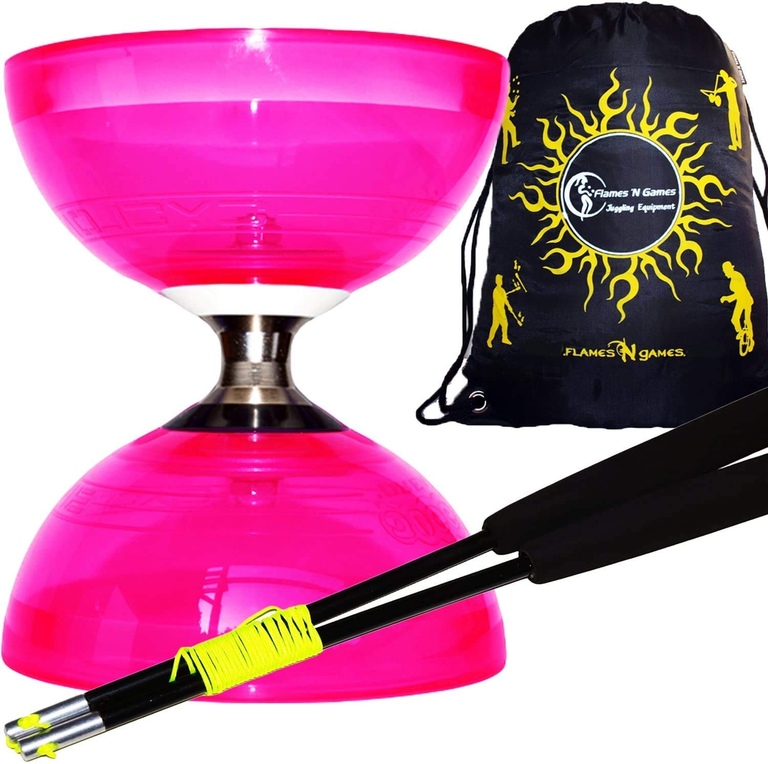Juggle Dream Cyclone QUARTZ II Pro Diabolo Set (6Colours) Triple Ball Bearing Clutch Diabolos + Matching Coloured FIBRE Handsticks, Diablo String & Bag! (Pink + Black Sticks)