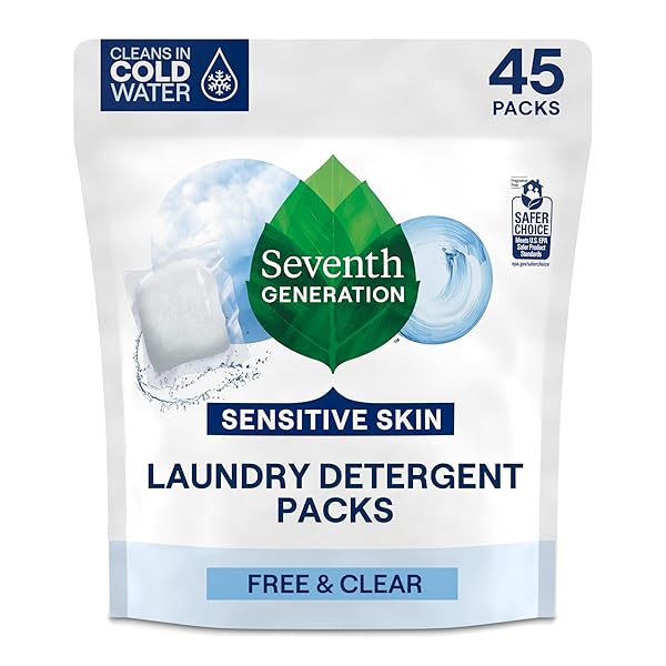 SEVENTH GENERATION LAUNDRY DETERGENT PACKS, FREE & CLEAR, MADE FOR SENSITIVE SKIN, 45 COUNT