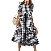 ANRABESS Womens Summer Midi Dresses Casual 2026 Plaid Short Puff Sleeve High Low Flowy Beach Vacation Dress with Pockets