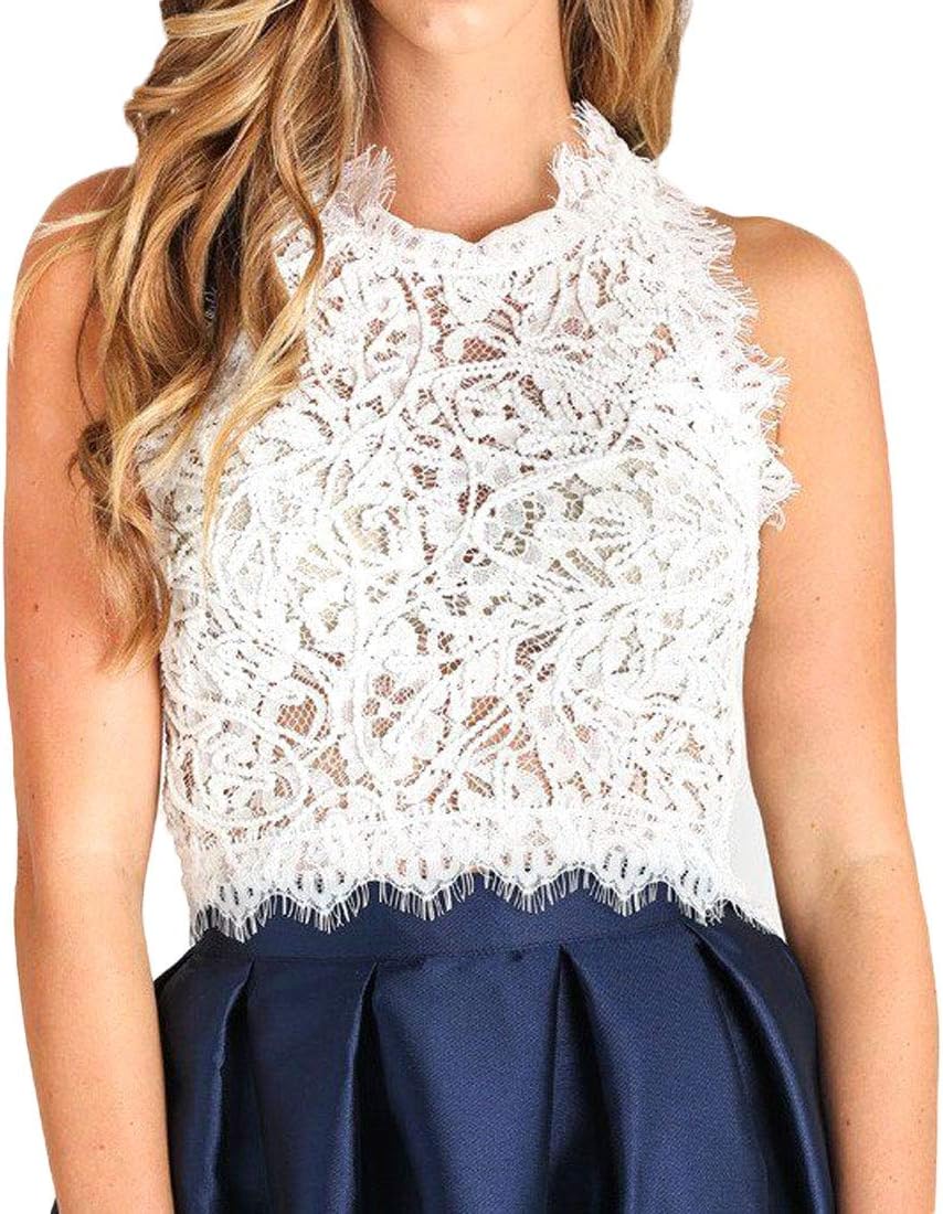 Women's Sleeveless Sheer Blouse See Through Lace Crop Top