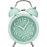 Pilife 3" No-ticking Mute Quartz Analog Clock Loud Double Bell Bedside Table Alarm Clock,Unique 3D Numerals Design,with Night Light (Green)
