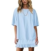 Panadila Women 2 Piece Skirt Sets Casual Two Piece Skirt Set Short Sleeve Tops and Flowy Skirts Beach Outfits