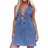 Milumia Women's Bow Tie Plunge V Neck Sleeveless Straight Denim Short Dresses
