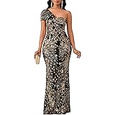 Cololura Women Sexy Sequin One Shoulder Mermaid Formal Party Cocktail Gowns Bodycon Evening Maxi Dress