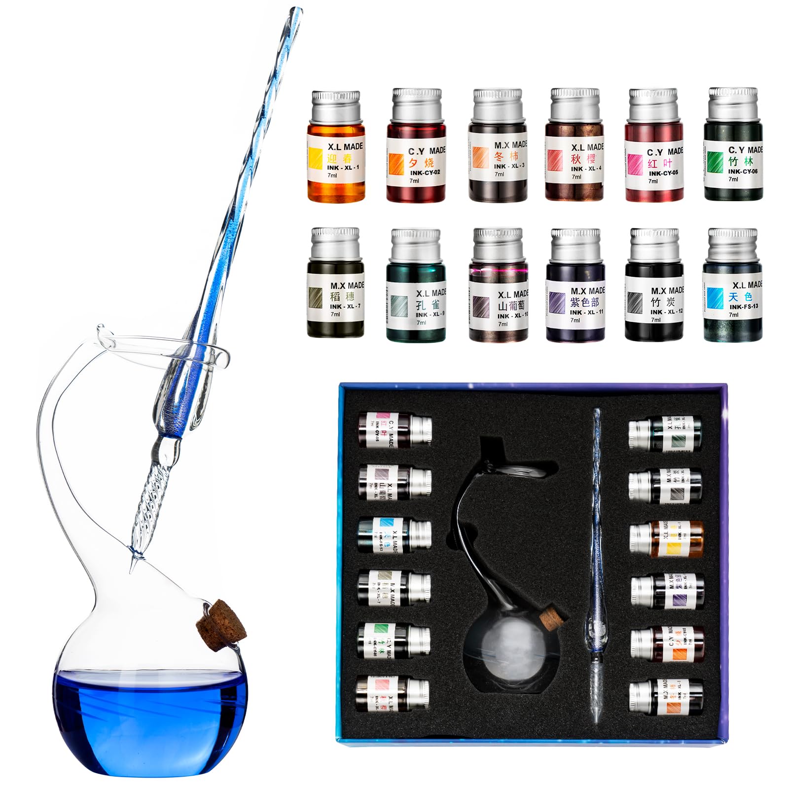 AOKUY Glass Dip Pen Set, 12 Colors Inks,Pen Holder,1pcs Crystal Glass Pen for Art Writing Drawing Signatures Decoration