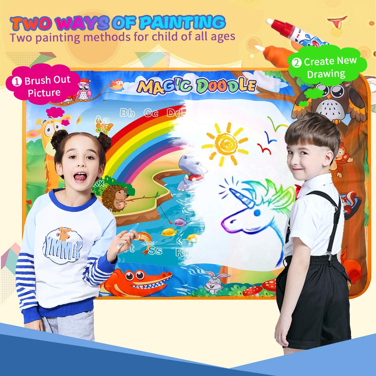 Magic Water Doodle Mat Drawing Mat Multicolor Animal World Theme Toddler Gifts Toys For 2 3 4 Year Old Girls Boys Educational Birthday Gifts Ideal Large Size 39.3 x 27.6 Inch 17pcs Accessories